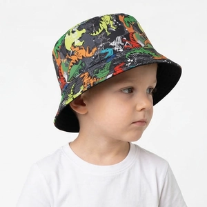 Detail shot of kids black bucket hat featuring colorful cartoon dinosaur prints for sun protection