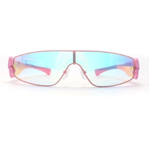 Y2K fashion sunglasses with pink metallic frame and blue gradient one-piece lens