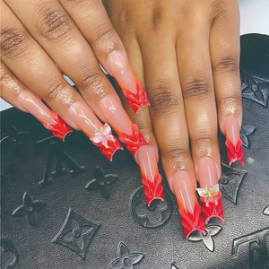 Press On Nails Long Coffin 3D Butterfly Orange Red Gradient Design Artificial False Nails Women Manicure Decoration