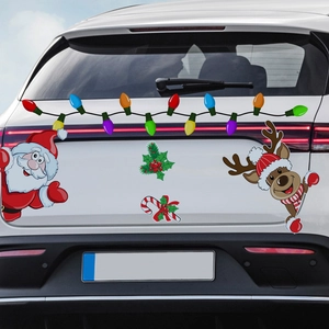 Detail of magnetic Christmas car stickers featuring Santa, reindeer and colorful bulb lights