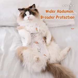 Breathable cotton cat recovery suit with rabbit prints for post-surgery wound protection