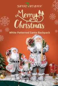 Three Santa Claus dolls in red patterned coats with wooden skateboards and burlap sacks