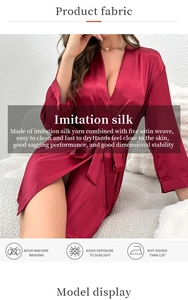 Detailed view of wine red imitation silk bathrobe texture and skin-friendly satin fabric