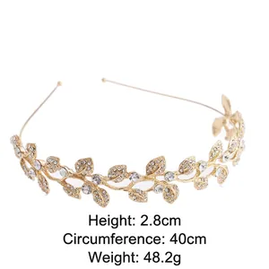Elegant gold vine leaf bridal headband with sparkling rhinestones, 2.8cm height crown