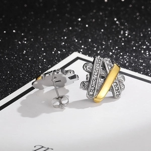 Hiphop irregular geometric crisscross earrings in gold and silver with rhinestones