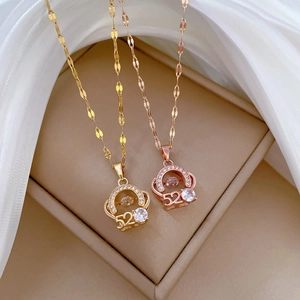 Pendant Necklace Stainless Steel Copper Crown 520 Sparkling Zircon Clavicle Chain Elegant Jewelry For Women