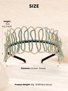 Detail of beaded bridal headband showing height and diameter dimensions with crystal beads