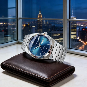 Silver quartz watch with blue sunray dial and dual calendar on a brown leather wallet
