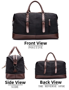 Three-view perspective of black canvas travel bag with leather trim and metal buckles