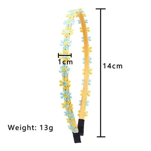 Yellow floral headband with blue and yellow daisy embroidery, 14cm height, weighs 13g