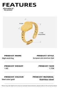 Detail view of adjustable 18K gold heart ring with dimensions and stainless steel material info