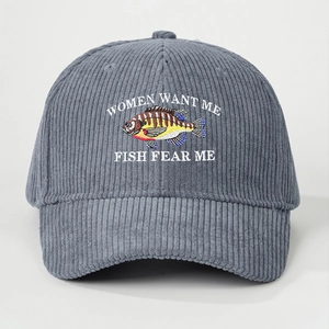 Detailed view of fish embroidery and humor text on gray corduroy baseball cap