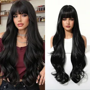Detail view of long black wavy wig with bangs on a model and a mannequin head stand
