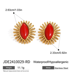 Vintage-Ohrringe aus goldenem Edelstahl mit Sonnenstrahl-Design und rotem Achat