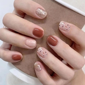 Caramel Brown Champagne Gold Glitter Short Square Wearable Press On Nails For Women Glossy Removable Elegant Fake Nails