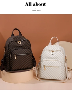 Detail of waterproof backpacks with classic rhombus pattern in brown and beige colors