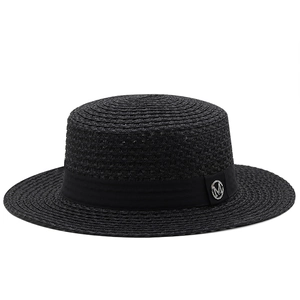 Classic black straw boater hat with ribbon and silver diamond-encrusted M-letter emblem