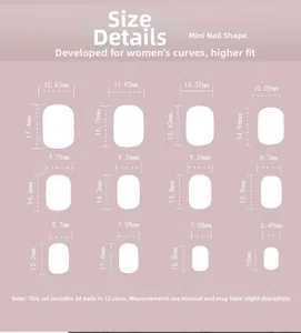 Size chart showing 24 pieces of short French press-on nails with 12 specific dimensions