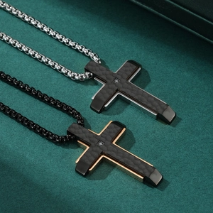 Two-tone titanium steel cross necklaces with hammered texture and small inlaid diamonds