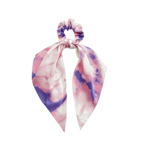 Pink and purple tie-dye silk scrunchie with long scarf streamers for ponytail styling