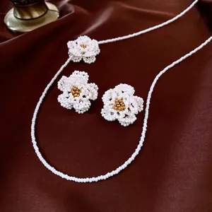 Handmade Camellia Flower Jewelry Necklace And Earrings With Silver Earring Post French Vintage Elegant Seed Bead White