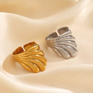 Bague Ouverte En Acier Inoxydable Texture Vague Coquille Bijoux Géométriques Ajustables Mode Design De Niche Femmes Or