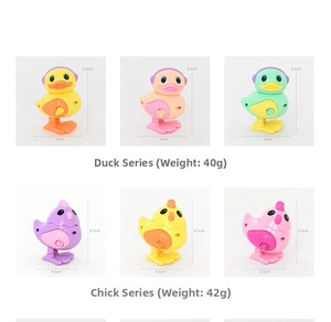 Détail de jouets à remonter canard et poussin colorés avec dimensions précises