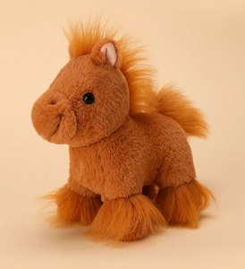Detailed view of the dark brown plush horse toy with fluffy orange mane and soft texture