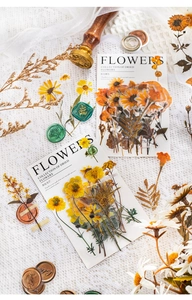 Detailed view of vintage dried flower stickers for scrapbooking in yellow and orange tones
