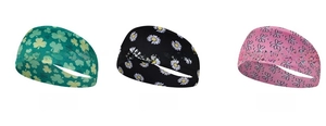 Detailed view of elastic headbands with clover, daisy, and floral prints for yoga