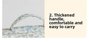 Close-up of the thickened handle on a blue floral quilted book organizer travel bag