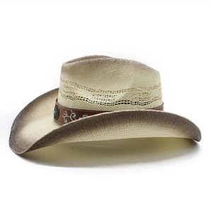 Ethnic western straw cowboy hat with turquoise studs and open-weave ventilation design