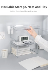 Macro view of clear acrylic desk shelf with foldable metal legs and layered storage design