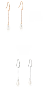 Macro view of teardrop pearl tassel earrings in rose gold and silver finish