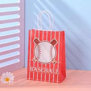 Detail view of a red baseball themed paper gift bag with white bats and BASEBALL text