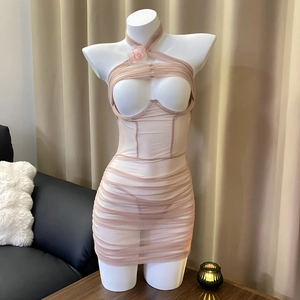 Pink sheer mesh bodycon dress with halter neckline and decorative rose detail