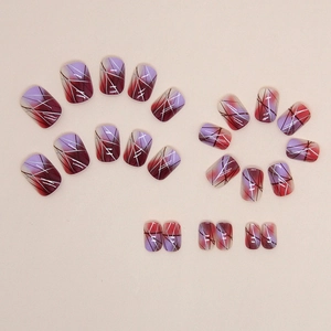 Short square purple and dark red gradient press-on nails with silver geometric line art