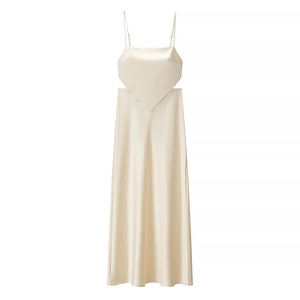Spaghetti Strap Maxi Dress Satin Textured Cutout Waist Bow Backless Champagne Elegant Evening Party Gown For Women