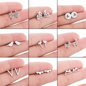 Minimalist Stainless Steel Stud Earrings Geometric Animal Heart Letter V Shape Hollow Cut Jewelry For Women