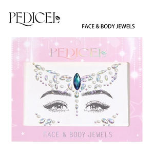 Close-up of iridescent rhinestones and pearls on FACE & BODY JEWELS packaging for eye makeup