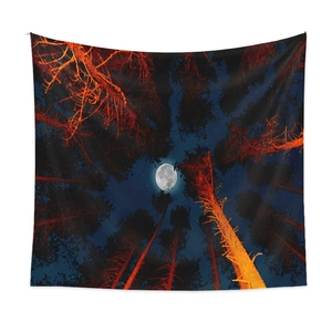 Bohemian forest tapestry featuring full moon and orange pine trees against starry sky