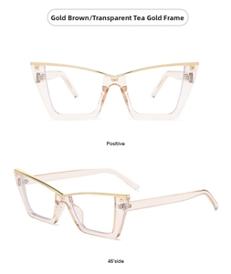 Front and 45-degree side views of gold brown cat-eye glasses frames in a clean studio layout