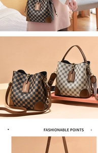 Detailed comparison of two checkered bucket bags in brown and beige with leather straps