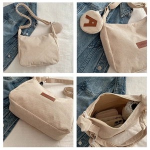 Detailed views of beige corduroy crossbody bag showing interior capacity and mini coin pouch