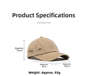 Detailed view of khaki cotton baseball cap with freestyle embroidery and size parameters