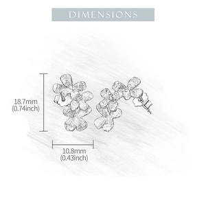 Detailed size chart showing S925 silver flower stud earring dimensions of 18.7mm height