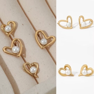 Hollow Heart Artificial Pearl Stud Earrings Stainless Steel Delicate Elegant Fashion Jewelry For Women