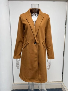 Detail of camel wool coat featuring a notched lapel and single button closure