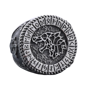 Viking style wolf head stainless steel ring with nordic rune carvings in retro silver