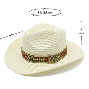 Detail view of straw cowboy hat showing 8cm brim, 12cm height, and tribal pattern band